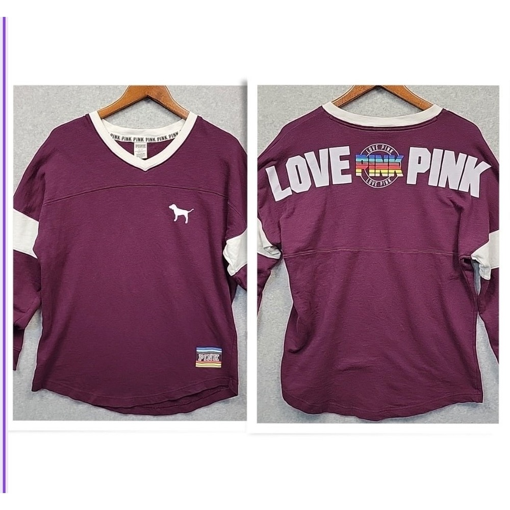 LOVE PINK Victoria Secret Varsity Sweatshirt Size M Burgundy Rainbow Dog V-Neck